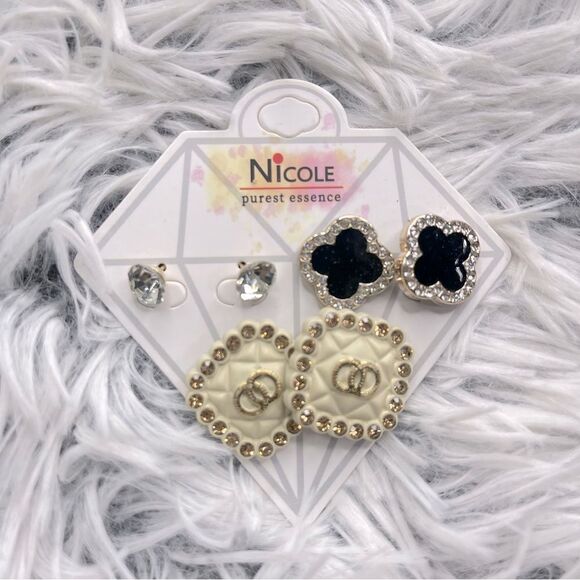 Nicole Purest Essence Women’s Mixed Rhinestone Clover Stud 3-Pair Earring Set - Picture 4 of 4
